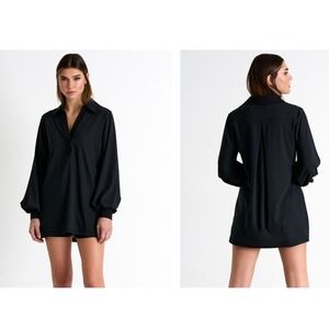 SHAN 100% Silk Blouse Black Made in Canada Drawstring Neckline, Small